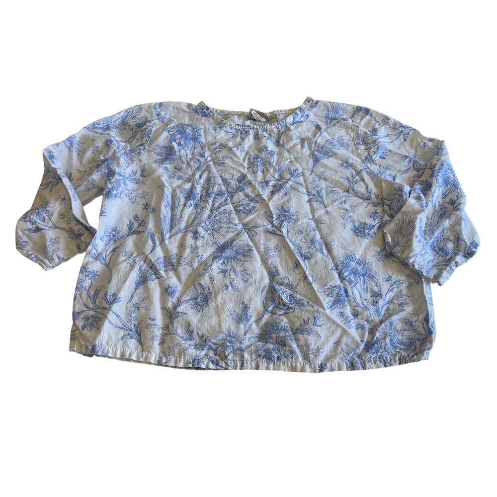 Hot Cotton White Blue Floral Blouse Sz XL Linen